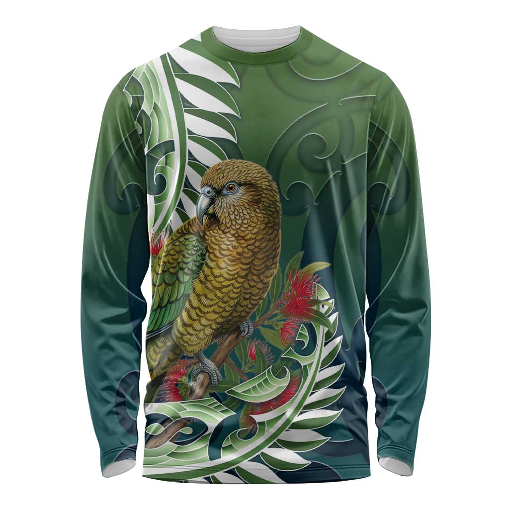 New Zealand Kea Bird Long Sleeve Shirt With Maori Koru Fern LT05 Unisex Green - Polynesian Pride