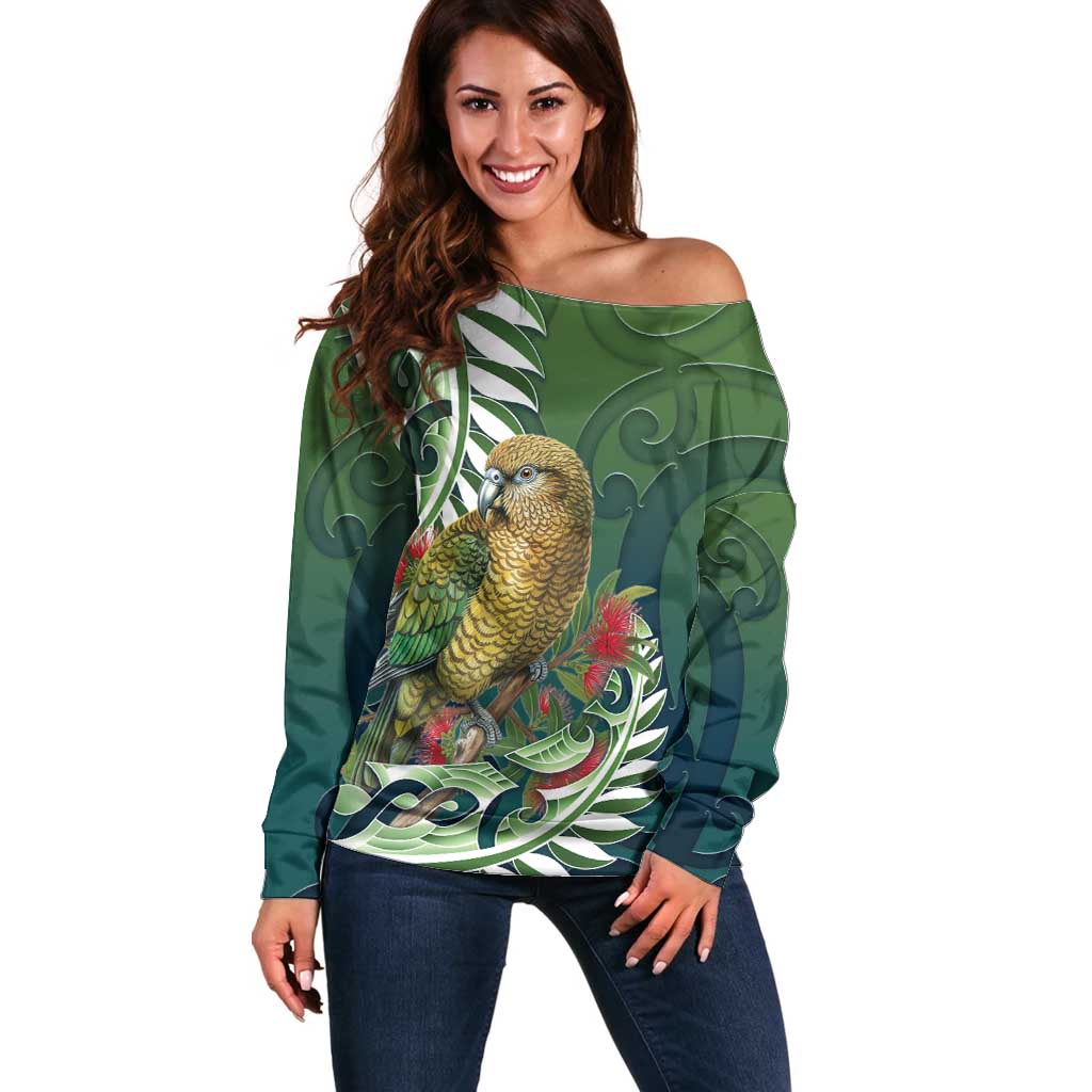 New Zealand Kea Bird Off Shoulder Sweater With Maori Koru Fern - Polynesian Pride
