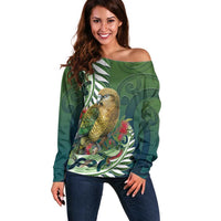 New Zealand Kea Bird Off Shoulder Sweater With Maori Koru Fern - Polynesian Pride