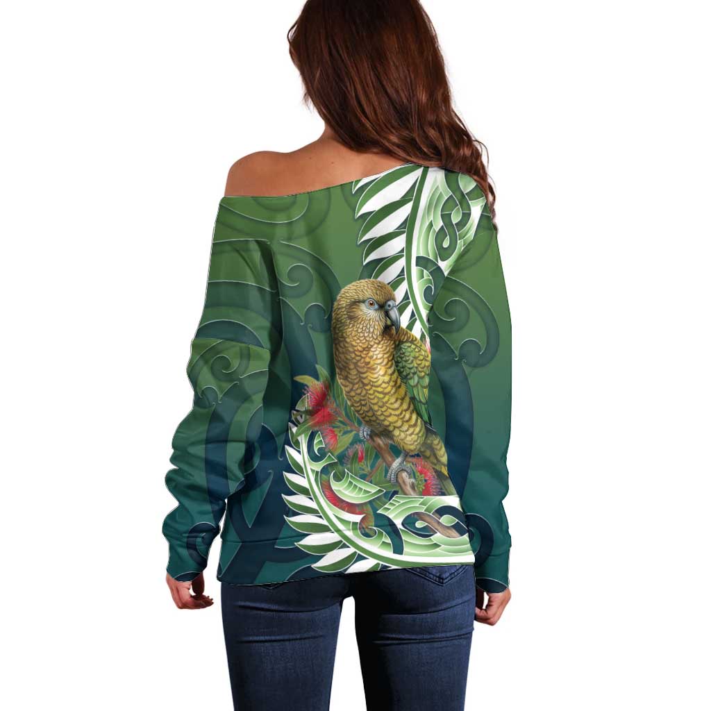 New Zealand Kea Bird Off Shoulder Sweater With Maori Koru Fern - Polynesian Pride