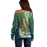 New Zealand Kea Bird Off Shoulder Sweater With Maori Koru Fern - Polynesian Pride