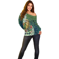 New Zealand Kea Bird Off Shoulder Sweater With Maori Koru Fern - Polynesian Pride