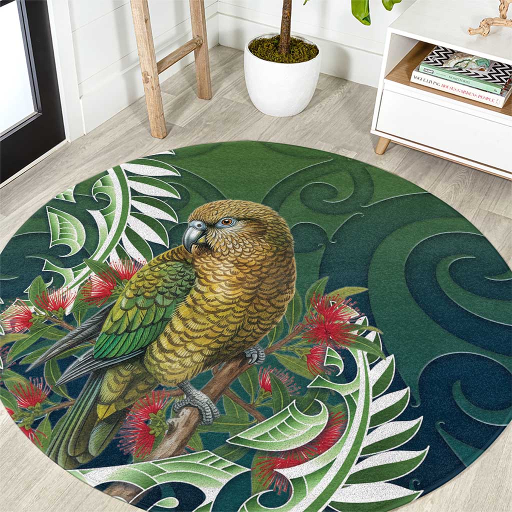 New Zealand Kea Bird Round Carpet With Maori Koru Fern LT05 Green - Polynesian Pride