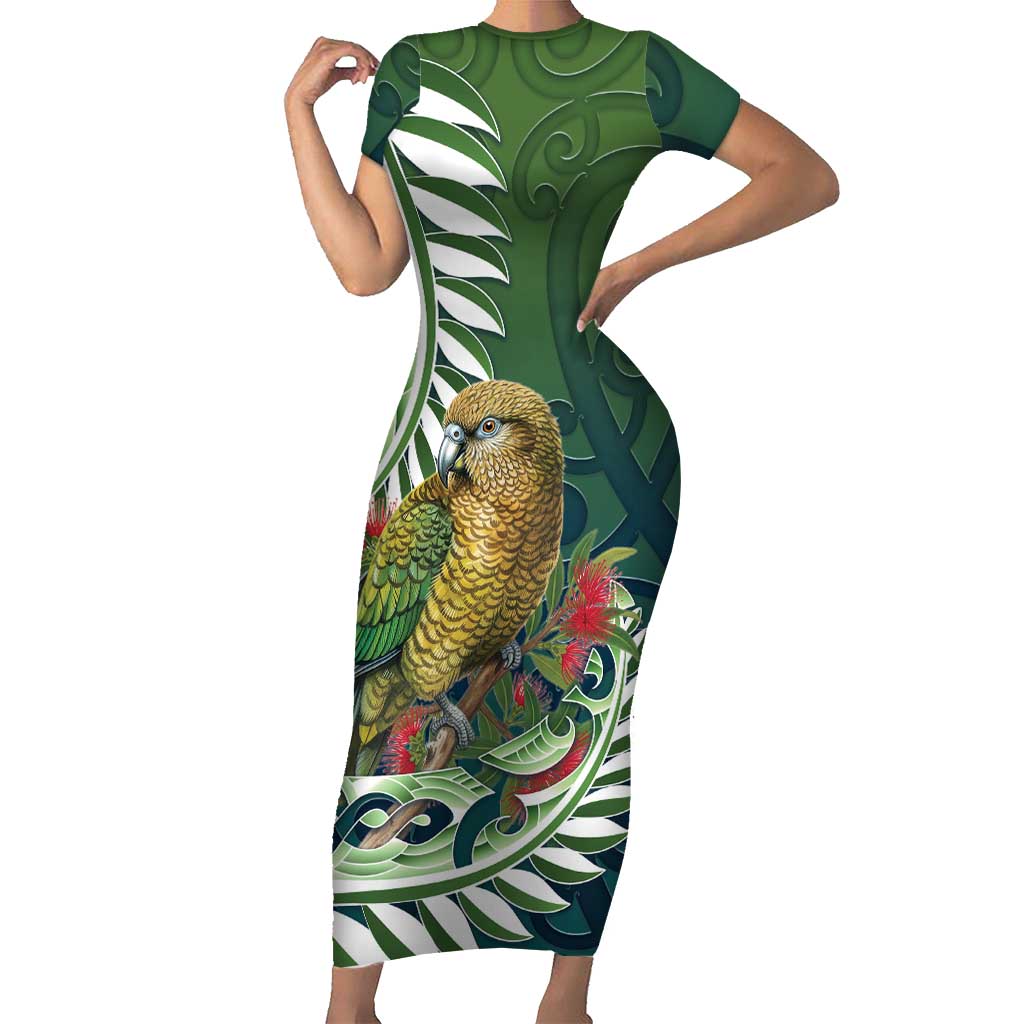 New Zealand Kea Bird Short Sleeve Bodycon Dress With Maori Koru Fern - Polynesian Pride