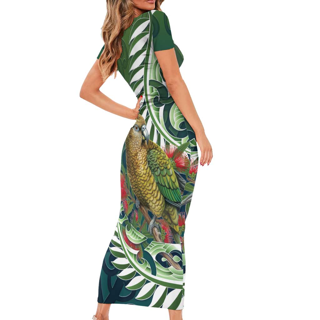 New Zealand Kea Bird Short Sleeve Bodycon Dress With Maori Koru Fern - Polynesian Pride