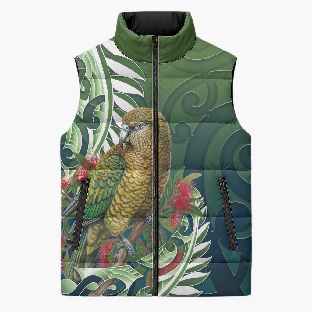 New Zealand Kea Bird Sleeveless Puffer Jacket With Maori Koru Fern LT05 Unisex Green - Polynesian Pride