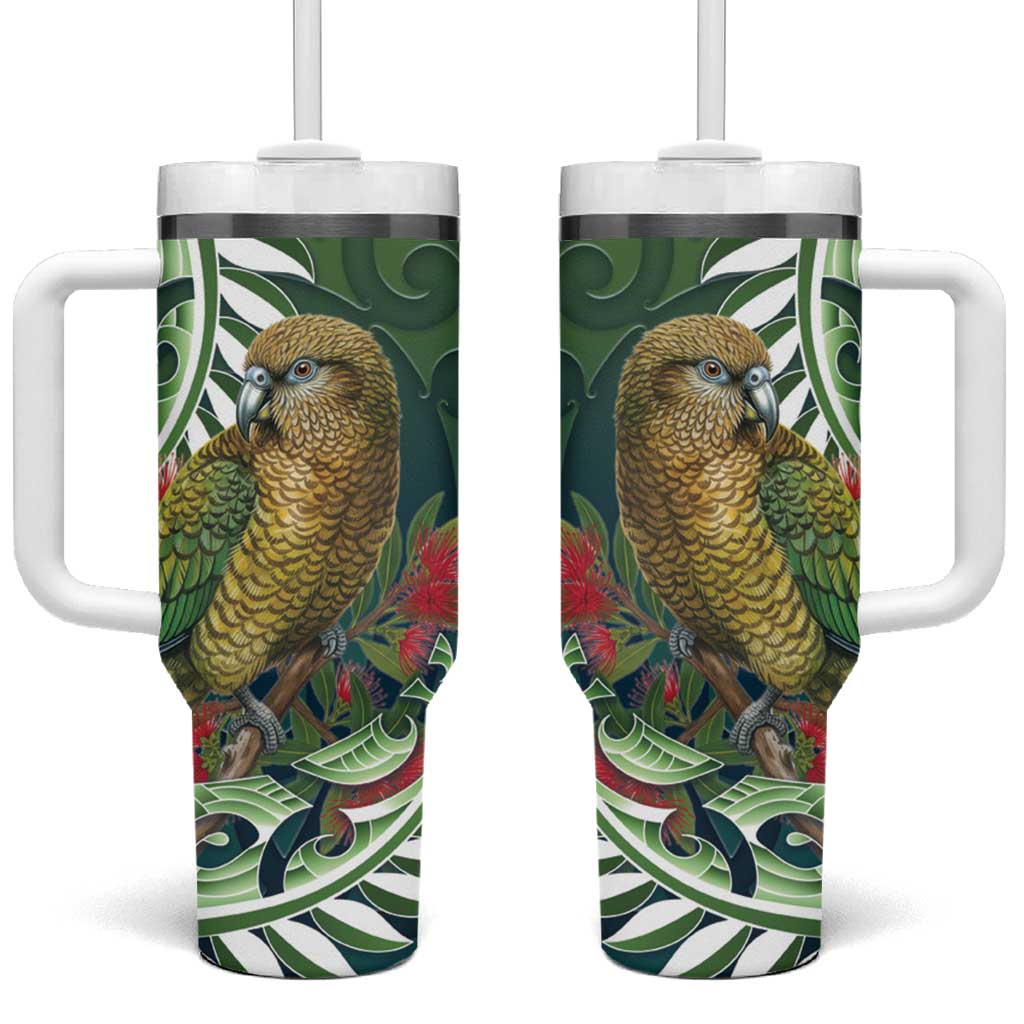 New Zealand Kea Bird Tumbler With Handle With Maori Koru Fern LT05 One Size: 40 oz Green - Polynesian Pride