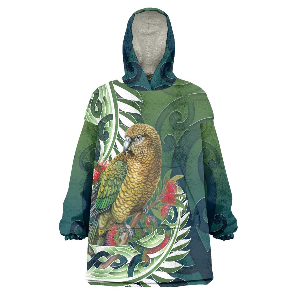 New Zealand Kea Bird Wearable Blanket Hoodie With Maori Koru Fern LT05 One Size Green - Polynesian Pride