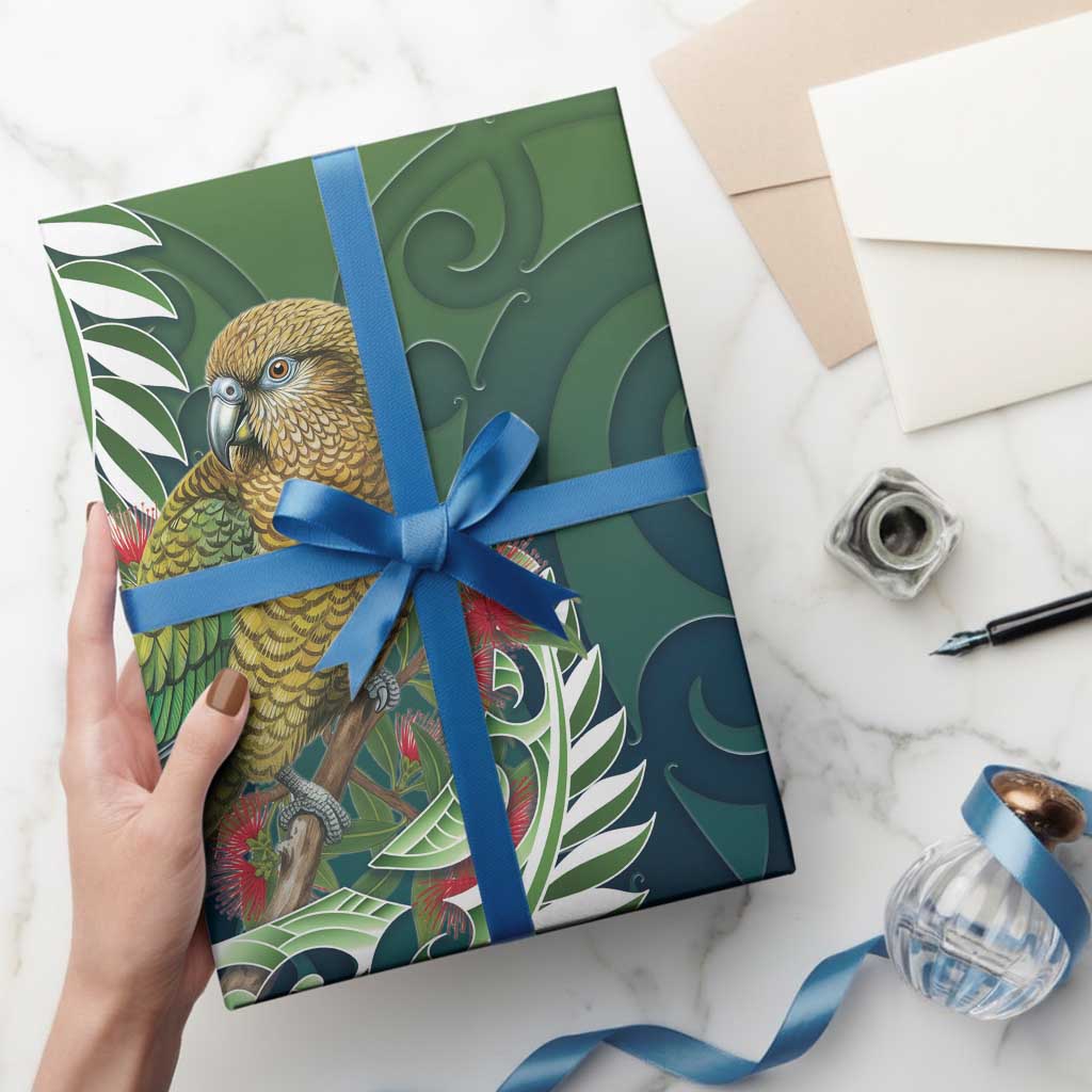 New Zealand Kea Bird Wrapping Paper With Maori Koru Fern
