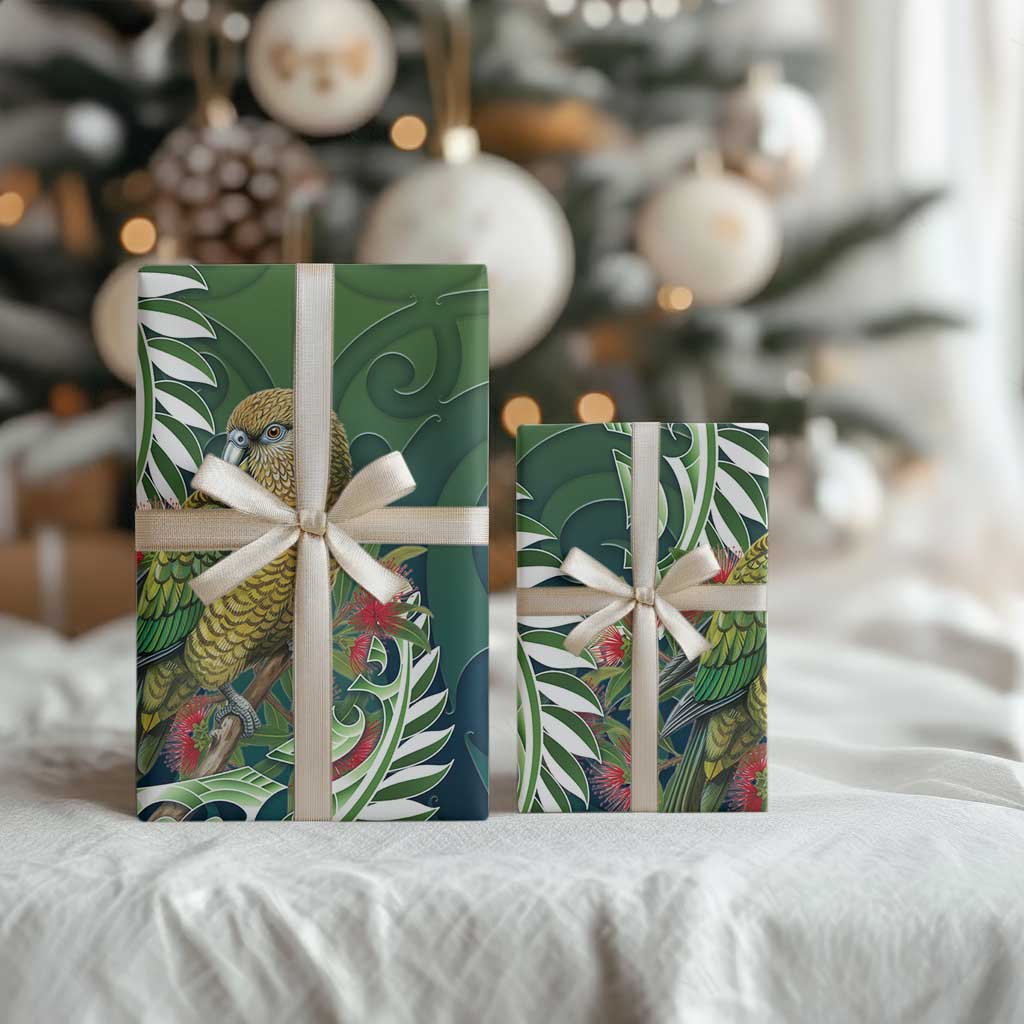 New Zealand Kea Bird Wrapping Paper With Maori Koru Fern