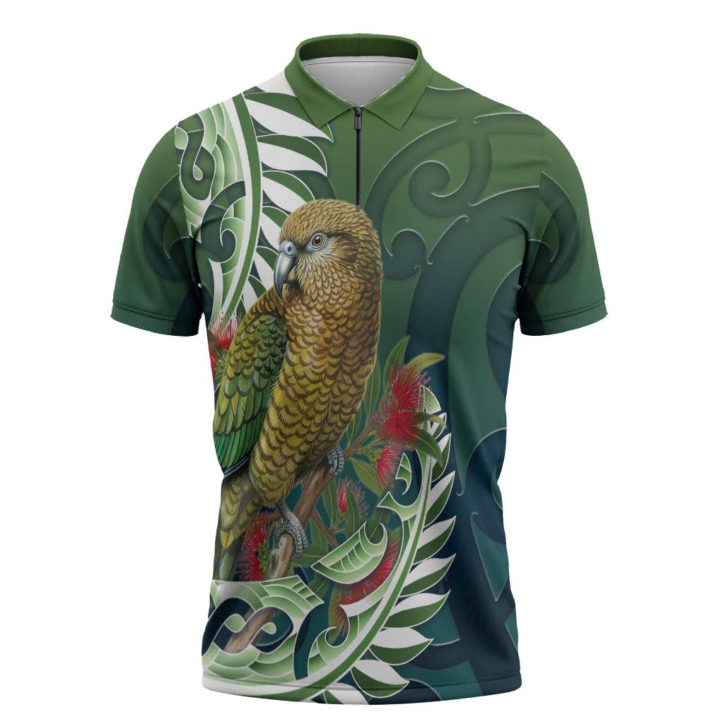 New Zealand Kea Bird Zipper Polo Shirt With Maori Koru Fern - Polynesian Pride