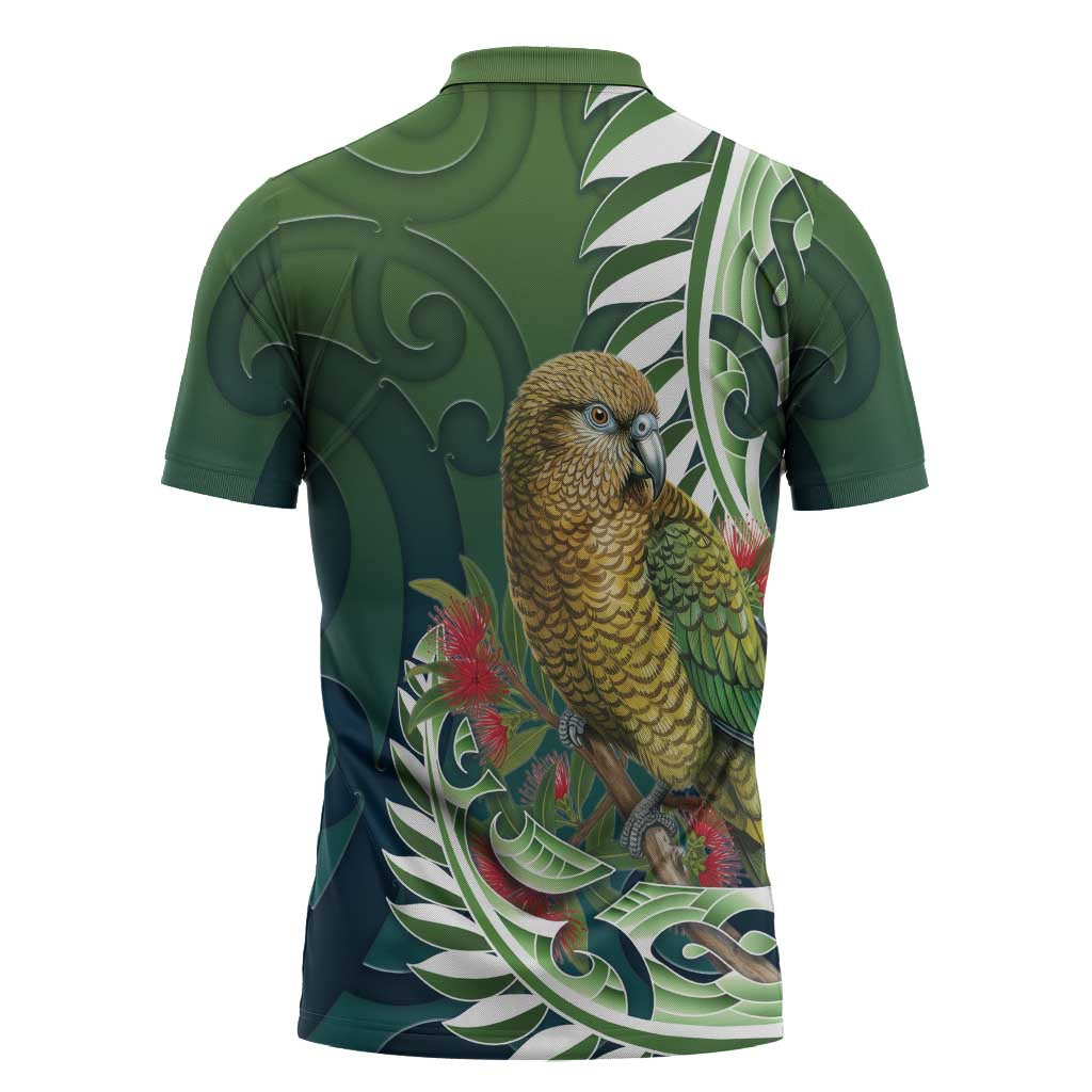 New Zealand Kea Bird Zipper Polo Shirt With Maori Koru Fern - Polynesian Pride
