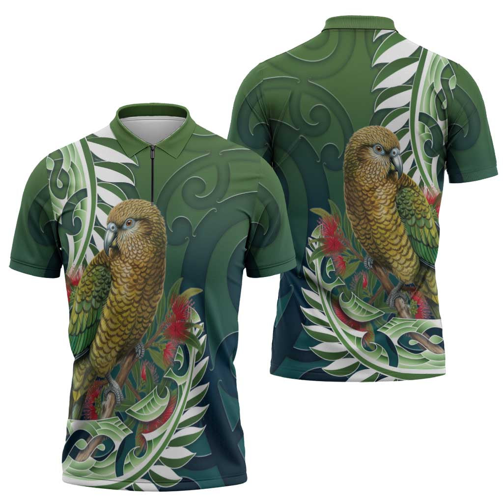 New Zealand Kea Bird Zipper Polo Shirt With Maori Koru Fern - Polynesian Pride