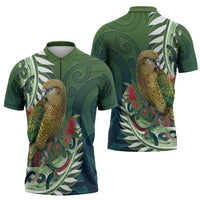 New Zealand Kea Bird Zipper Polo Shirt With Maori Koru Fern - Polynesian Pride