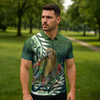 New Zealand Kea Bird Zipper Polo Shirt With Maori Koru Fern - Polynesian Pride