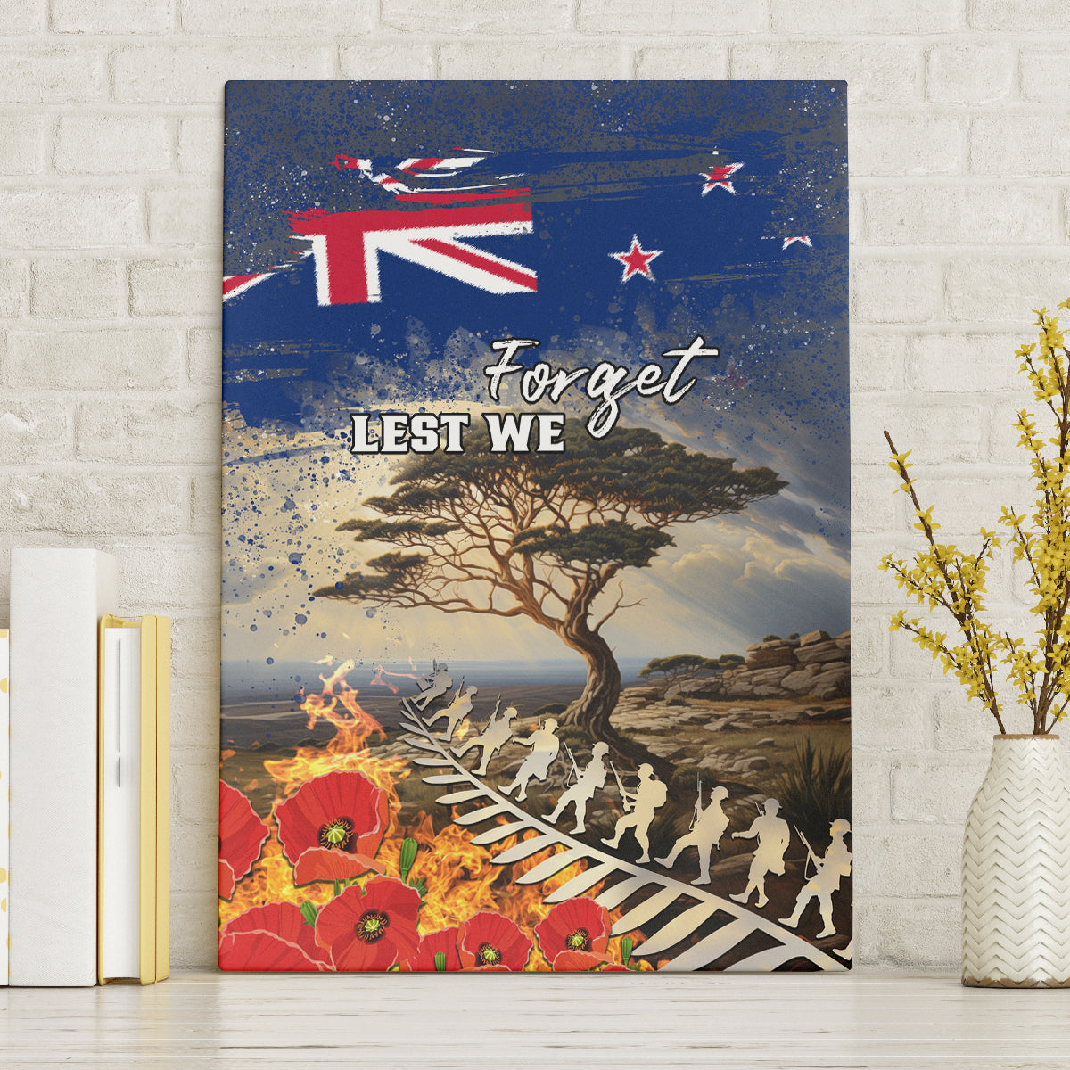 New Zealand ANZAC Day Canvas Wall Art The Lonesome Pine With Soldier Fern LT05 Blue - Polynesian Pride