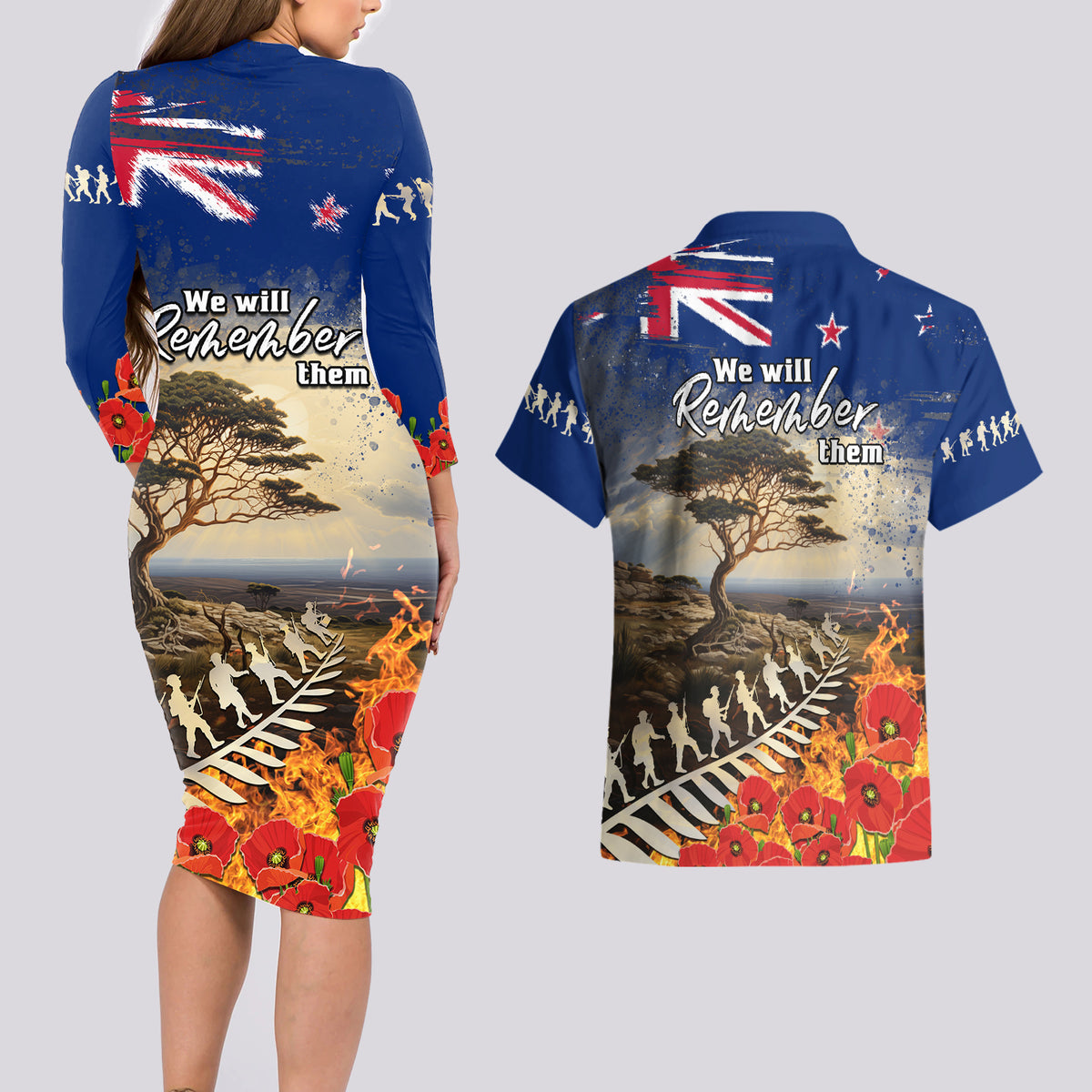 New Zealand ANZAC Day Couples Matching Long Sleeve Bodycon Dress and Hawaiian Shirt The Lonesome Pine With Soldier Fern LT05 - Polynesian Pride