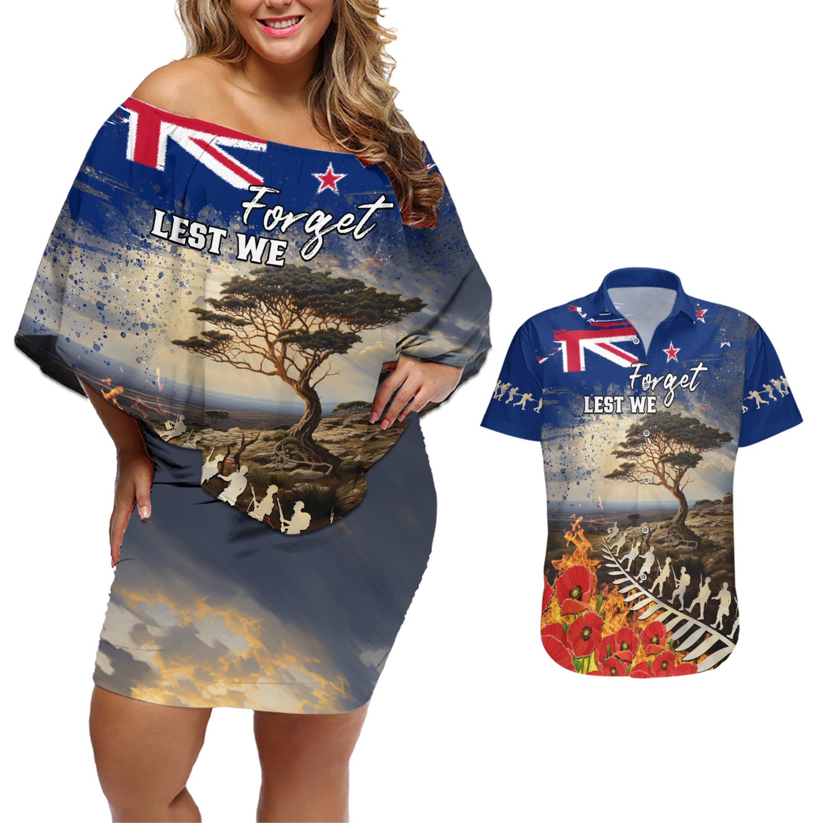 New Zealand ANZAC Day Couples Matching Off Shoulder Short Dress and Hawaiian Shirt The Lonesome Pine With Soldier Fern LT05 Blue - Polynesian Pride