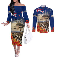 New Zealand ANZAC Day Couples Matching Off The Shoulder Long Sleeve Dress and Long Sleeve Button Shirt The Lonesome Pine With Soldier Fern LT05 Blue - Polynesian Pride