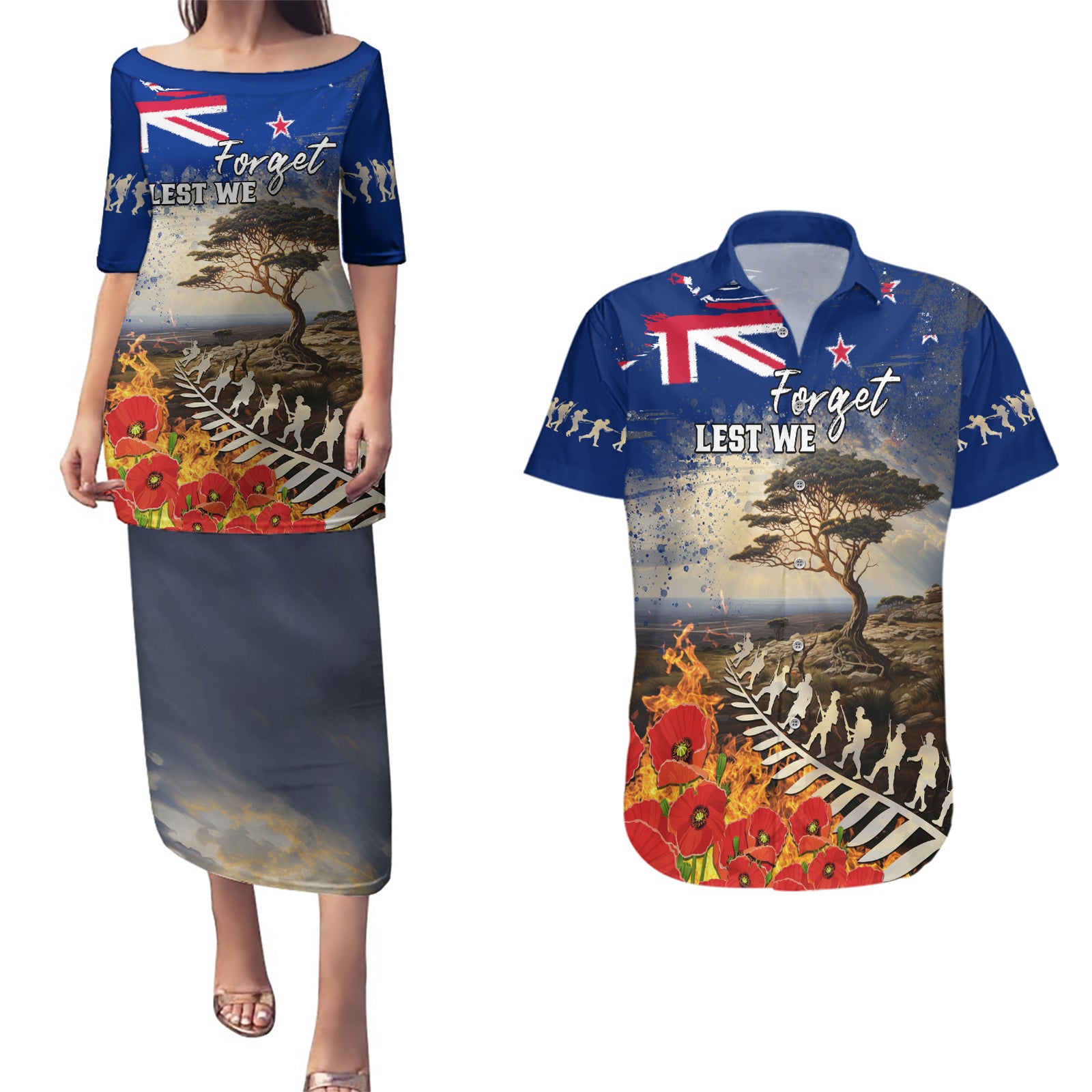 New Zealand ANZAC Day Couples Matching Puletasi and Hawaiian Shirt The Lonesome Pine With Soldier Fern LT05 Blue - Polynesian Pride