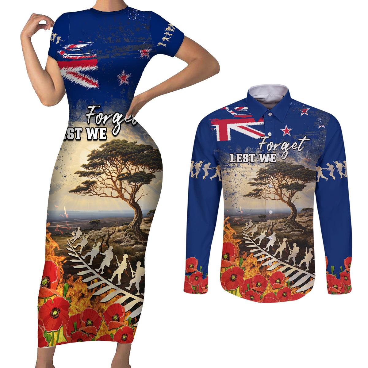 New Zealand ANZAC Day Couples Matching Short Sleeve Bodycon Dress and Long Sleeve Button Shirt The Lonesome Pine With Soldier Fern LT05 Blue - Polynesian Pride