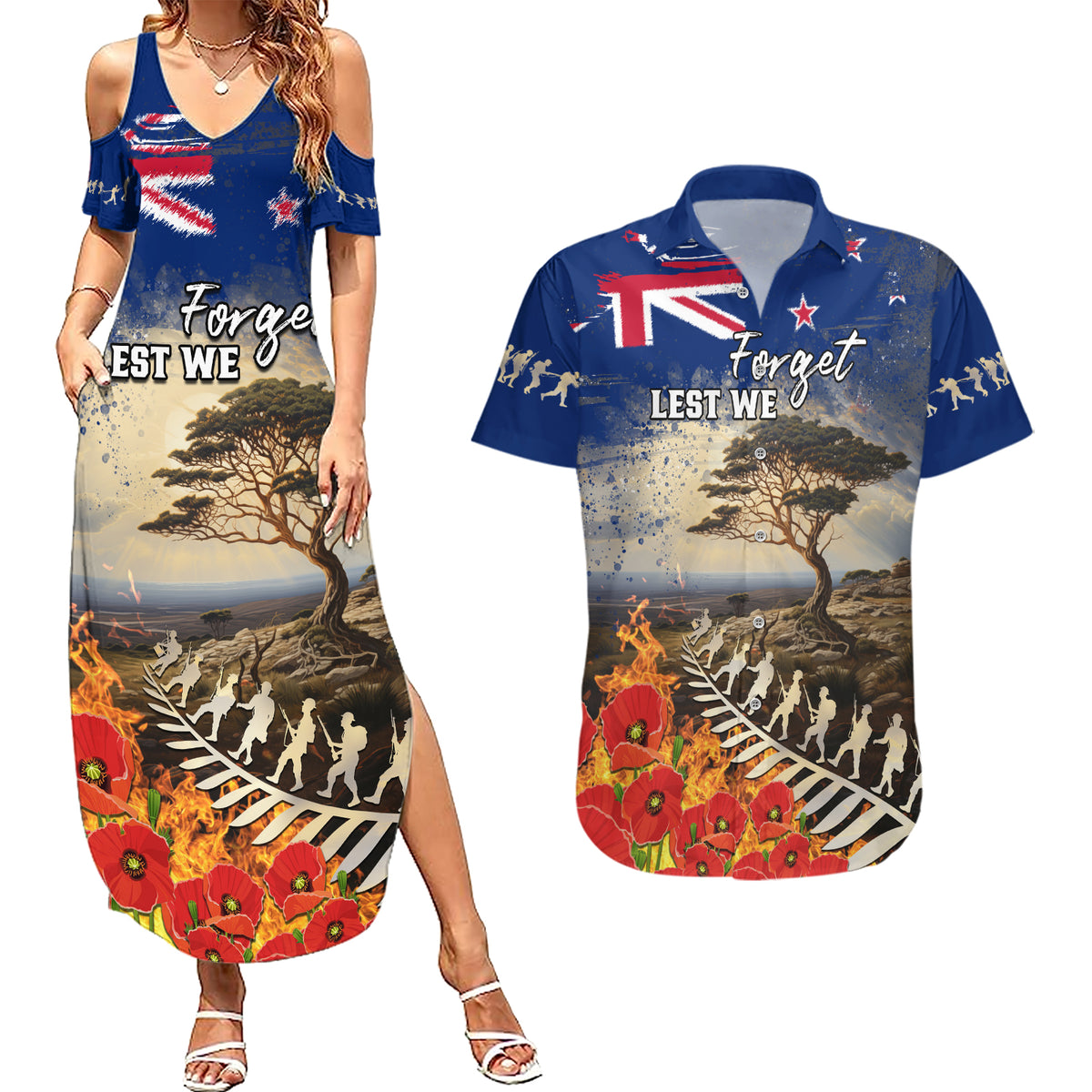 New Zealand ANZAC Day Couples Matching Summer Maxi Dress and Hawaiian Shirt The Lonesome Pine With Soldier Fern LT05 Blue - Polynesian Pride