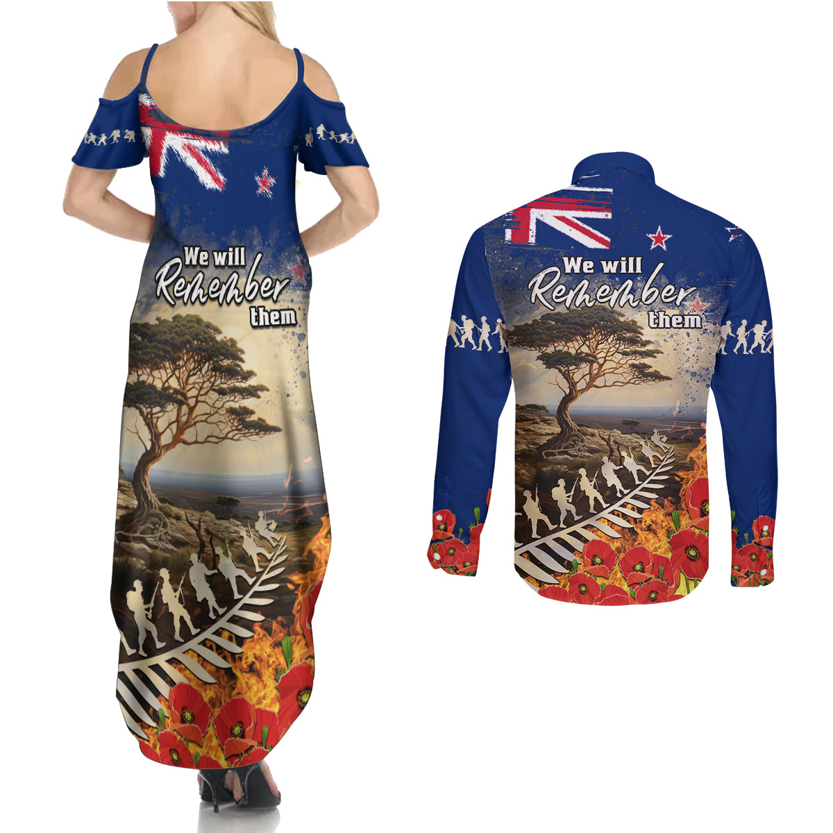 New Zealand ANZAC Day Couples Matching Summer Maxi Dress and Long Sleeve Button Shirt The Lonesome Pine With Soldier Fern LT05 - Polynesian Pride