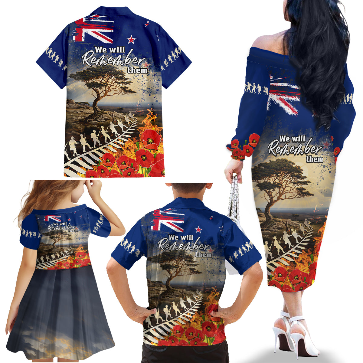 New Zealand ANZAC Day Family Matching Off Shoulder Long Sleeve Dress and Hawaiian Shirt The Lonesome Pine With Soldier Fern LT05 - Polynesian Pride