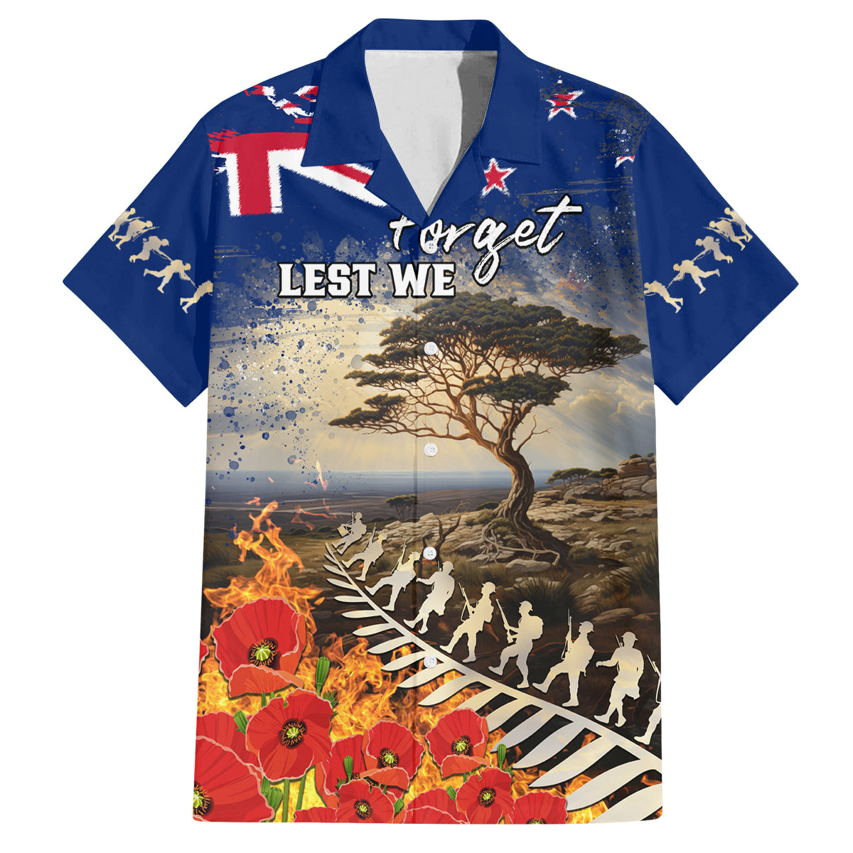 New Zealand ANZAC Day Family Matching Off Shoulder Short Dress and Hawaiian Shirt The Lonesome Pine With Soldier Fern LT05 Dad's Shirt - Short Sleeve Blue - Polynesian Pride