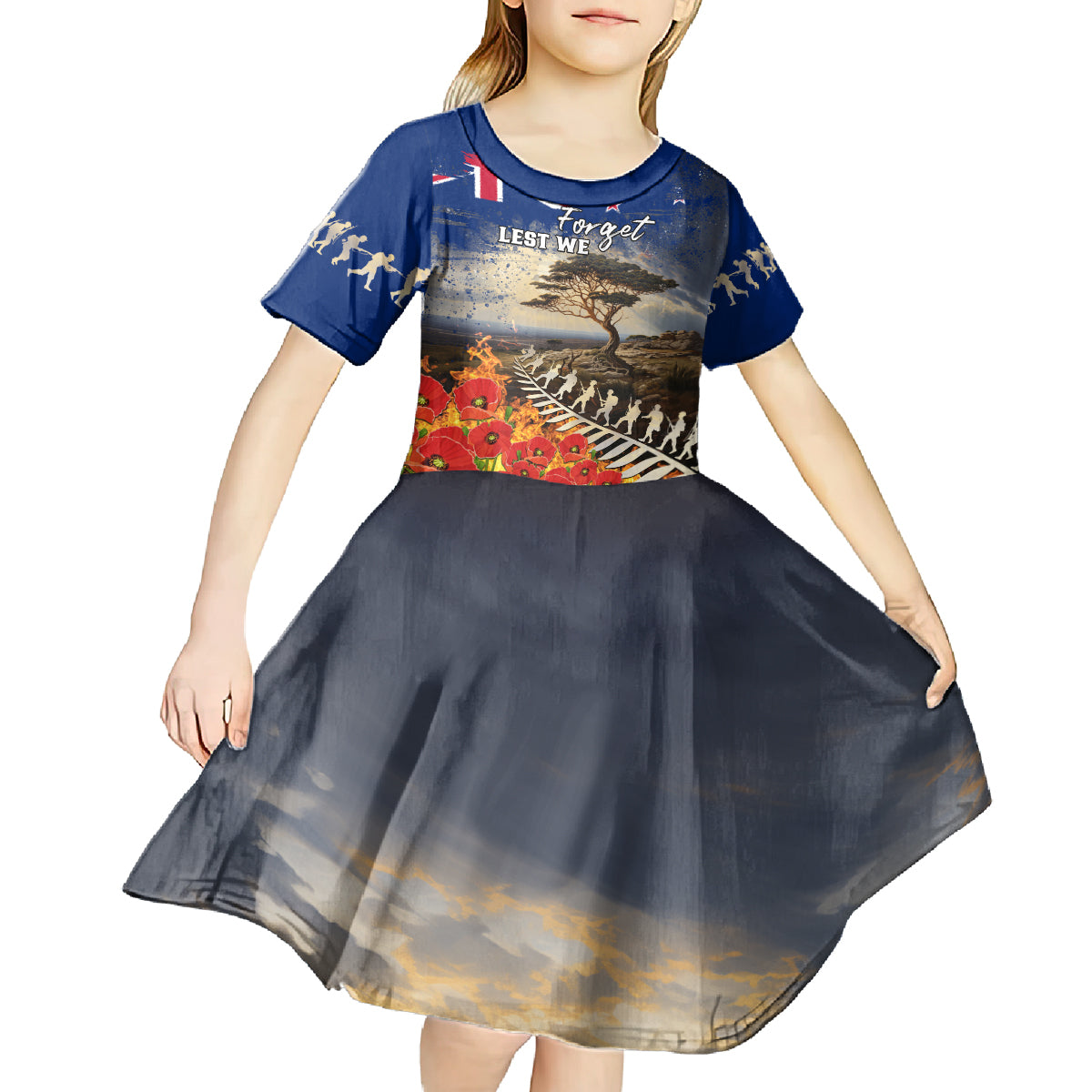 New Zealand ANZAC Day Kid Short Sleeve Dress The Lonesome Pine With Soldier Fern LT05 - Polynesian Pride