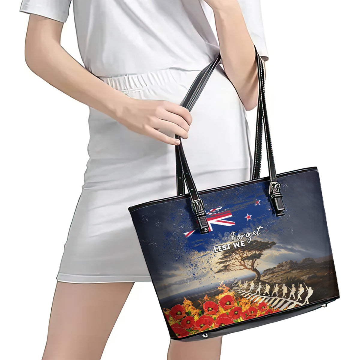 New Zealand ANZAC Day Leather Tote Bag The Lonesome Pine With Soldier Fern LT05 - Polynesian Pride