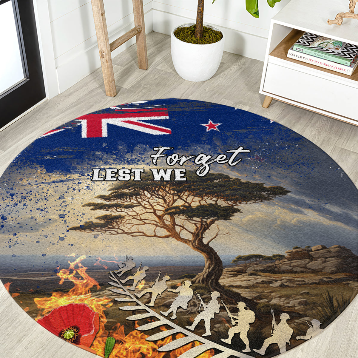 New Zealand ANZAC Day Round Carpet The Lonesome Pine With Soldier Fern LT05 Blue - Polynesian Pride