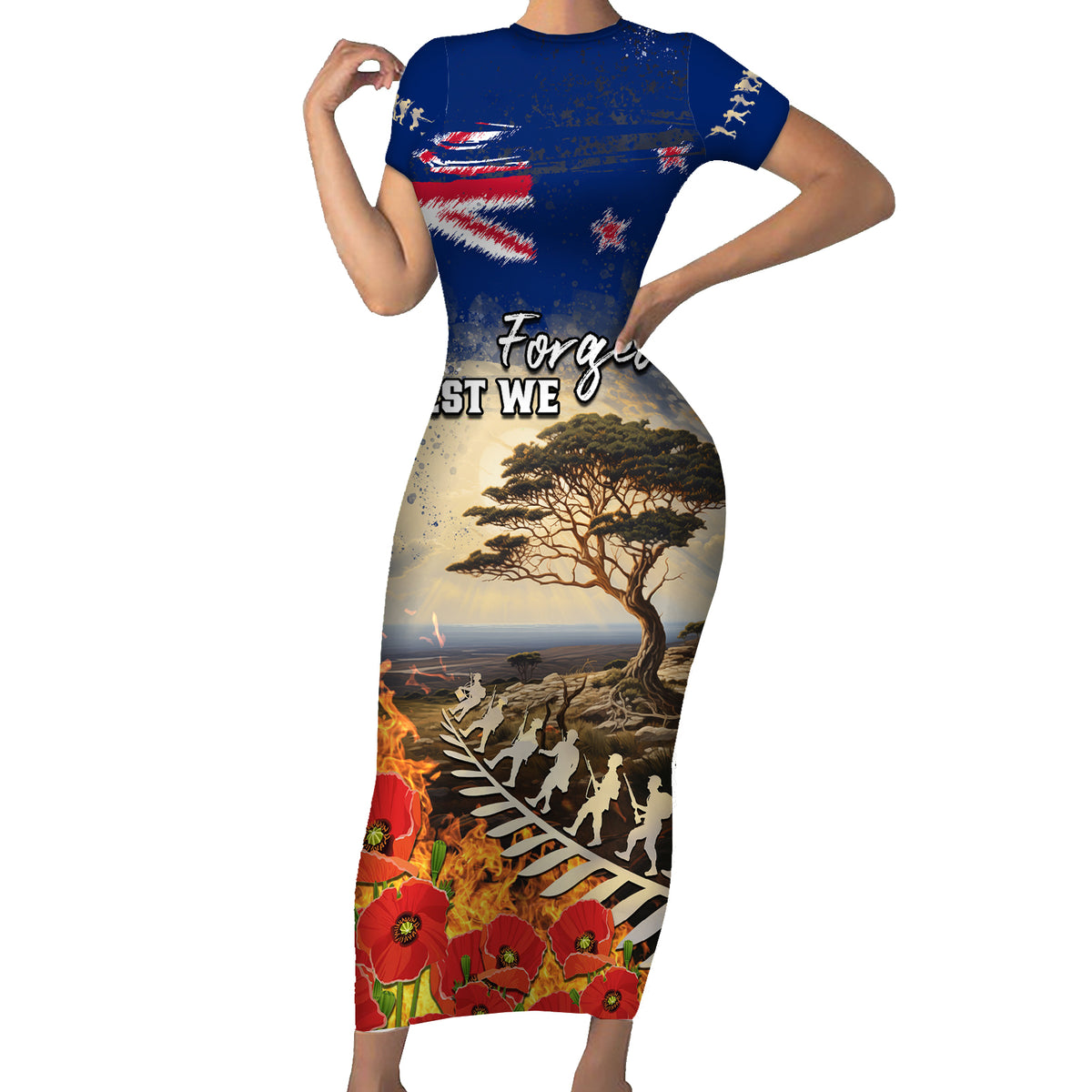 New Zealand ANZAC Day Short Sleeve Bodycon Dress The Lonesome Pine With Soldier Fern LT05 Long Dress Blue - Polynesian Pride
