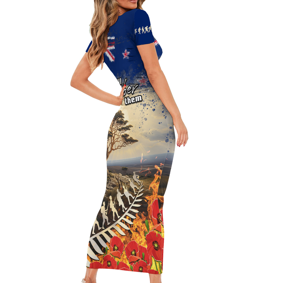 New Zealand ANZAC Day Short Sleeve Bodycon Dress The Lonesome Pine With Soldier Fern LT05 - Polynesian Pride