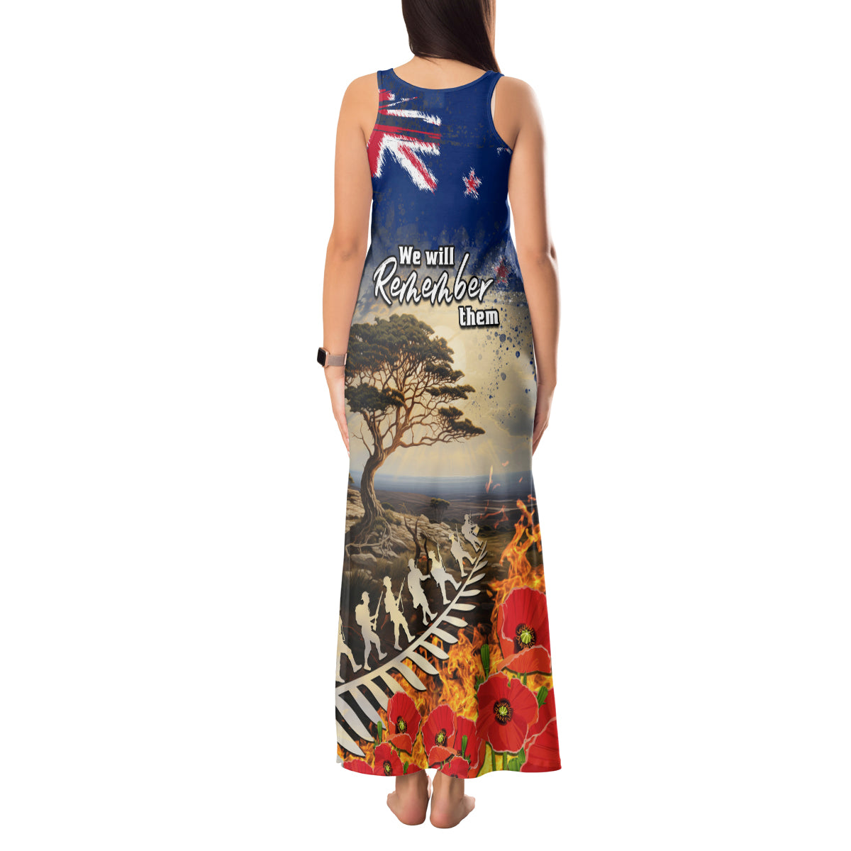 New Zealand ANZAC Day Tank Maxi Dress The Lonesome Pine With Soldier Fern LT05 - Polynesian Pride