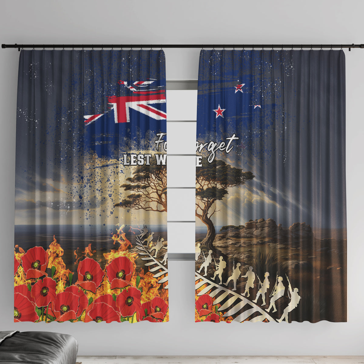 New Zealand ANZAC Day Window Curtain The Lonesome Pine With Soldier Fern LT05 With Hooks Blue - Polynesian Pride