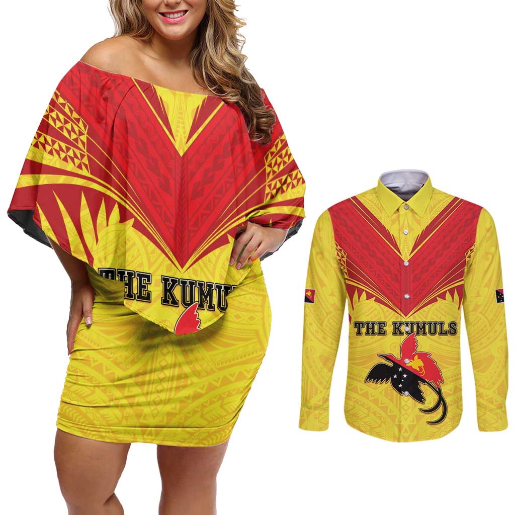 Papua New Guinea Rugby Custom Couples Matching Off Shoulder Short Dress and Long Sleeve Button Shirt Kumuls Heritage