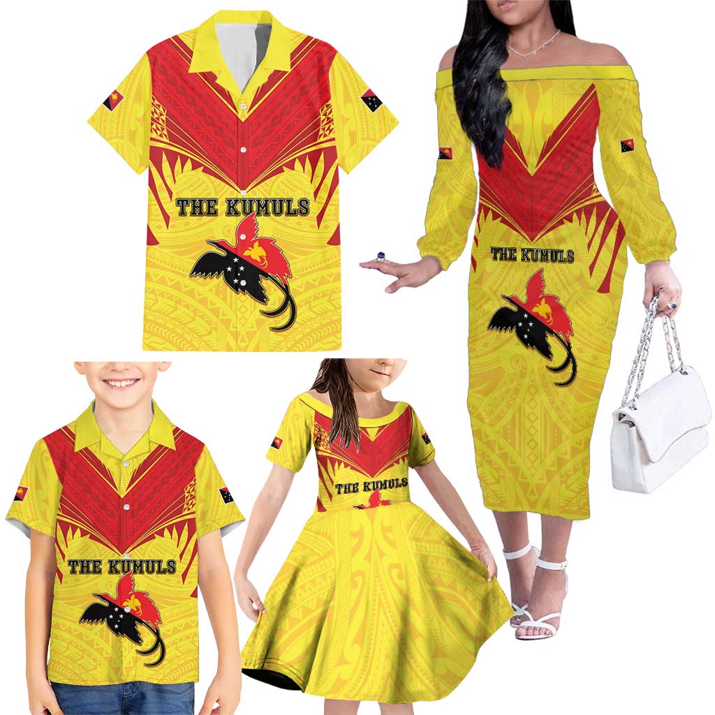Papua New Guinea Rugby Custom Family Matching Off The Shoulder Long Sleeve Dress and Hawaiian Shirt Kumuls Heritage LT05 - Polynesian Pride
