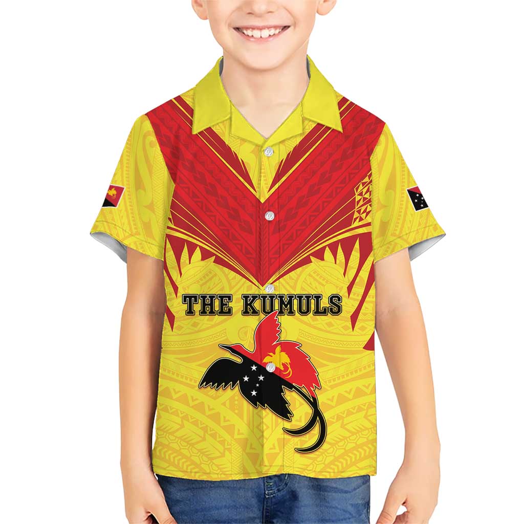 Papua New Guinea Rugby Custom Family Matching Off Shoulder Maxi Dress and Hawaiian Shirt Kumuls Heritage LT05 Son's Shirt Yellow - Polynesian Pride