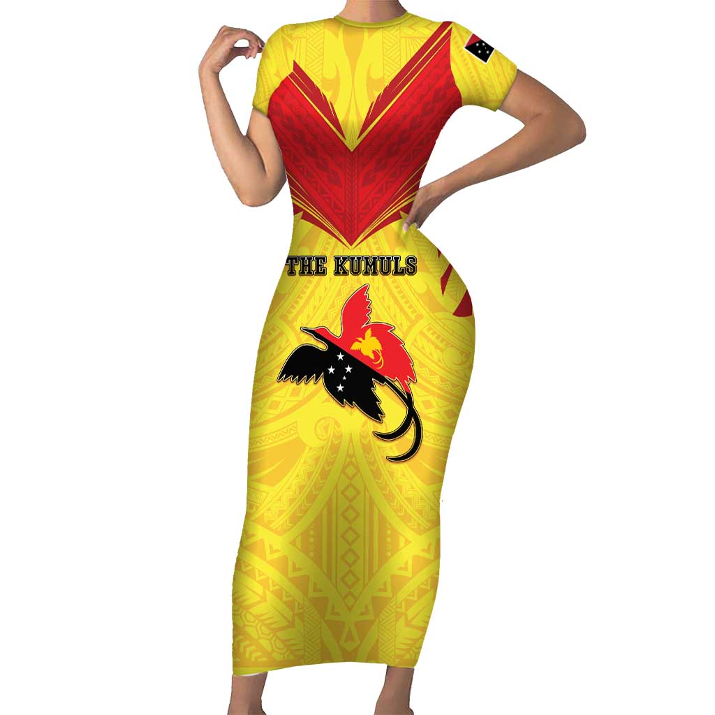 Papua New Guinea Rugby Custom Short Sleeve Bodycon Dress Kumuls Heritage LT05 Long Dress Yellow - Polynesian Pride