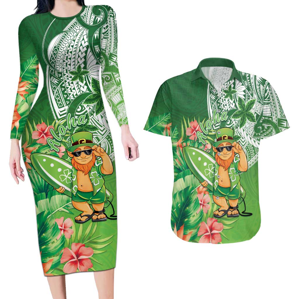 Aloha Hawaii St Patrick's Day Couples Matching Long Sleeve Bodycon Dress and Hawaiian Shirt Polynesian Style LT05 Green - Polynesian Pride