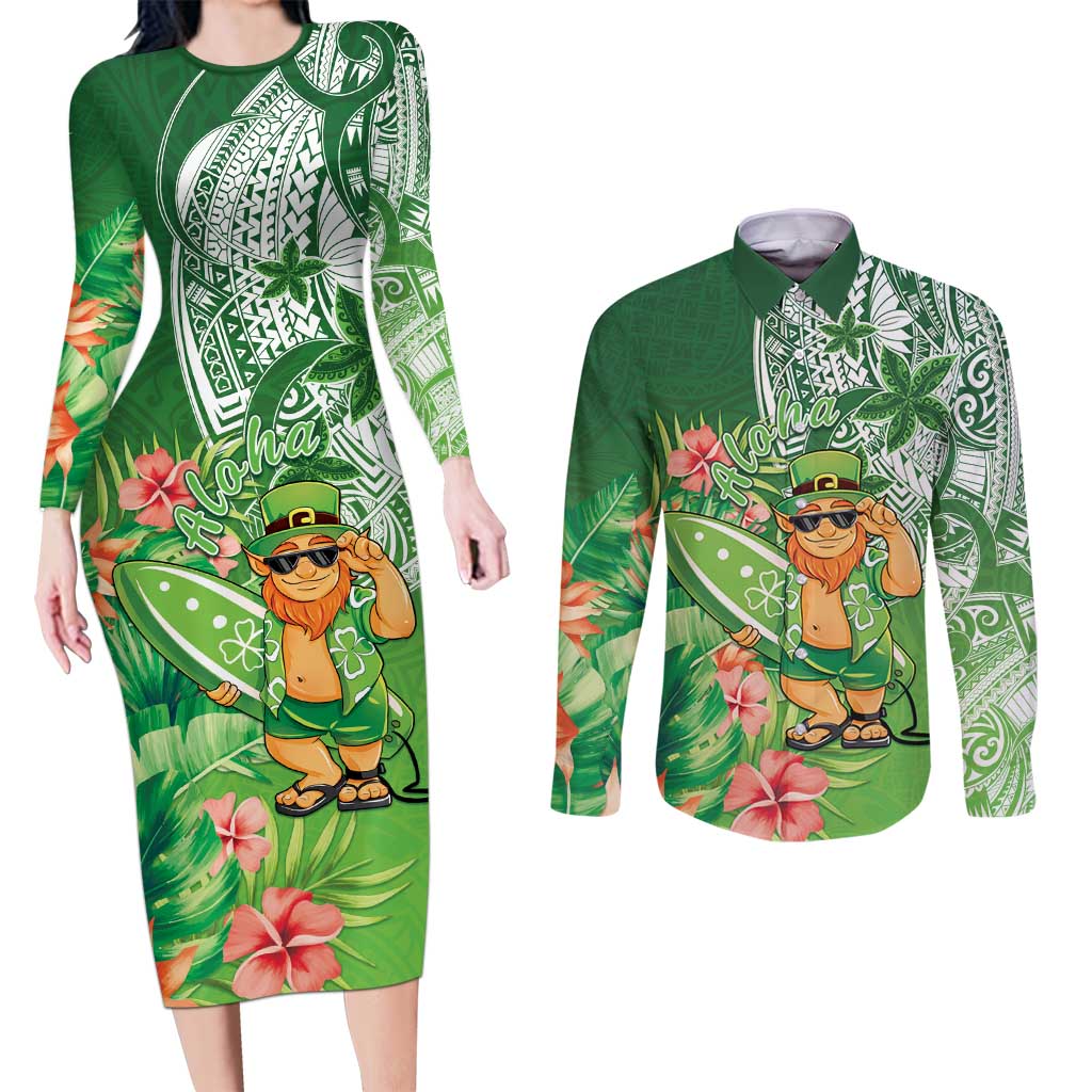 Aloha Hawaii St Patrick's Day Couples Matching Long Sleeve Bodycon Dress and Long Sleeve Button Shirt Polynesian Style LT05 Green - Polynesian Pride