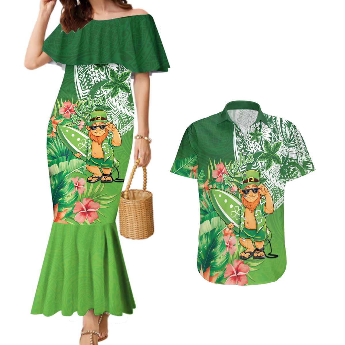 Aloha Hawaii St Patrick's Day Couples Matching Mermaid Dress and Hawaiian Shirt Polynesian Style LT05 Green - Polynesian Pride