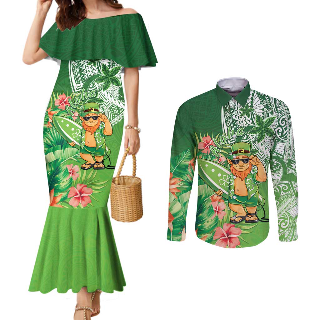 Aloha Hawaii St Patrick's Day Couples Matching Mermaid Dress and Long Sleeve Button Shirt Polynesian Style LT05 Green - Polynesian Pride