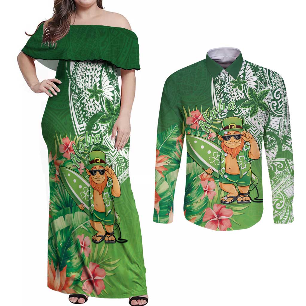 Aloha Hawaii St Patrick's Day Couples Matching Off Shoulder Maxi Dress and Long Sleeve Button Shirt Polynesian Style LT05 Green - Polynesian Pride