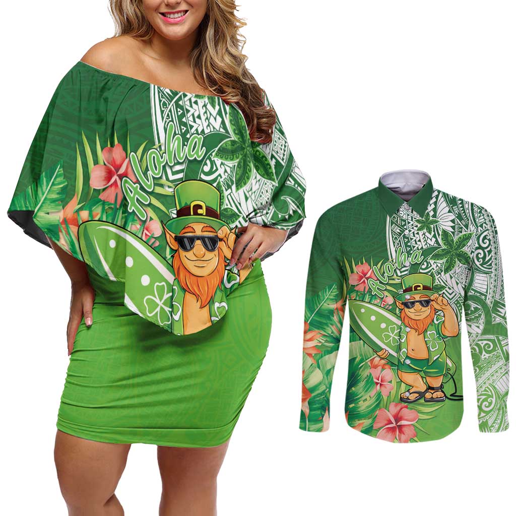 Aloha Hawaii St Patrick's Day Couples Matching Off Shoulder Short Dress and Long Sleeve Button Shirt Polynesian Style LT05 Green - Polynesian Pride