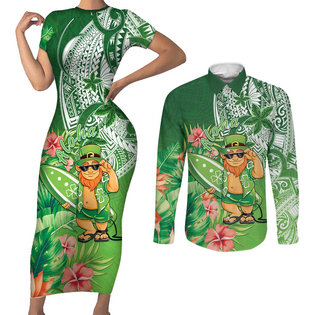 Aloha Hawaii St Patrick's Day Couples Matching Short Sleeve Bodycon Dress and Long Sleeve Button Shirt Polynesian Style LT05 Green - Polynesian Pride