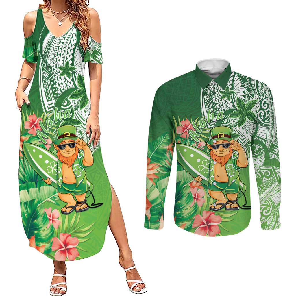 Aloha Hawaii St Patrick's Day Couples Matching Summer Maxi Dress and Long Sleeve Button Shirt Polynesian Style LT05 Green - Polynesian Pride