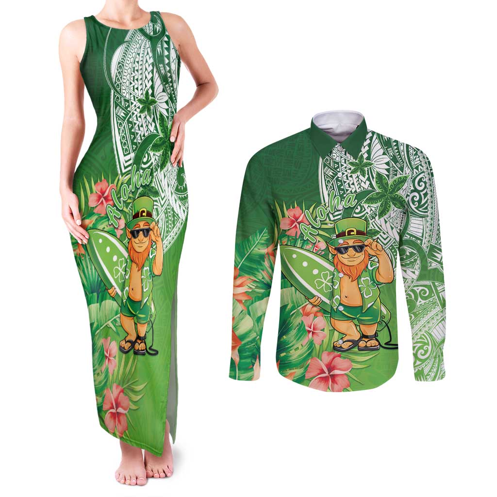 Aloha Hawaii St Patrick's Day Couples Matching Tank Maxi Dress and Long Sleeve Button Shirt Polynesian Style LT05 Green - Polynesian Pride