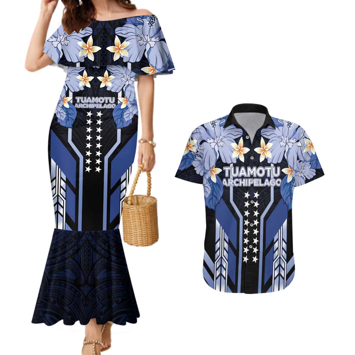 French Polynesia Tuamotu Archipelago Couples Matching Mermaid Dress and Hawaiian Shirt Polynesian Pattern Unique Style